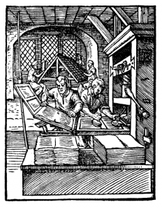 Medieval Craftsmen using page-sized wood blocks on a Gutenberg press.