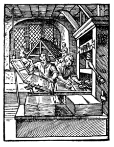 Medieval Craftsmen using page-sized wood blocks on a Gutenberg press.